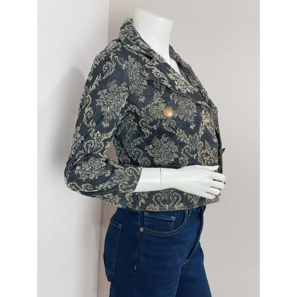 Parallel Women's Dark Blue Green Floral Cropped Denim Jacket Size 2 - Image 5