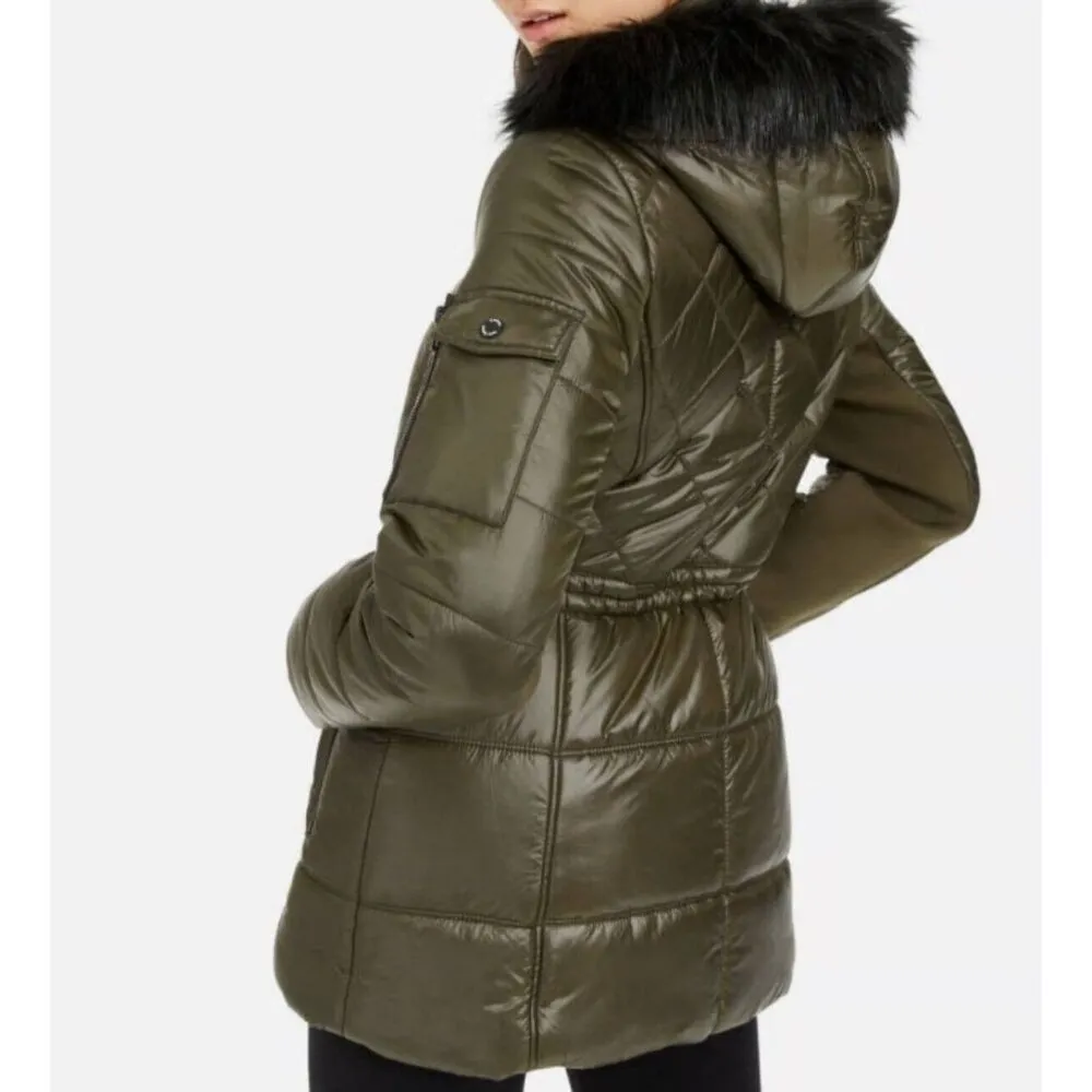 NWT Michael Kors Quilted Women Long Puffer Coat w/ Fur Hoodie Olive Size 1X - Image 2