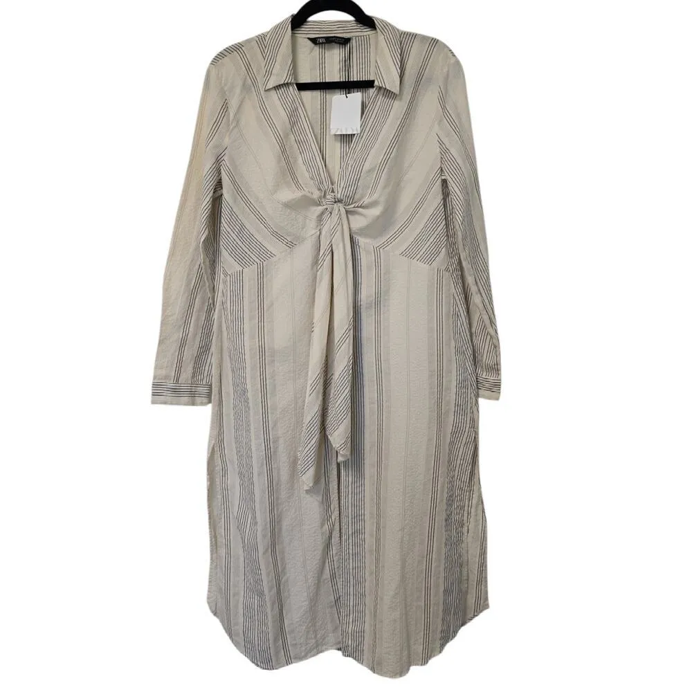 NWT Zara V Neck High Waisted Dress Striped Bow Cream Black Size Med Lightweight - Image 5