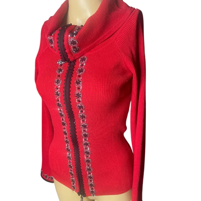 Camille La Vie Red Ribbed Knit Beaded Zip-Up Cardigan Sweater, Size M - Image 3