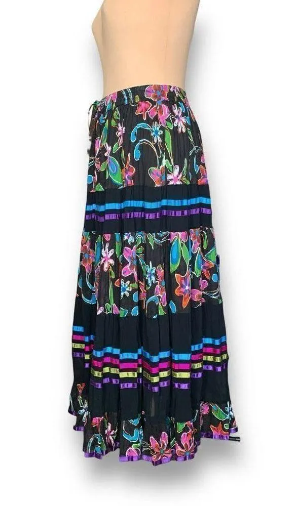 Vintage 90s Maxi Skirt Black Multicolor Floral Print Ribbon Detail Tiered Medium - Image 4