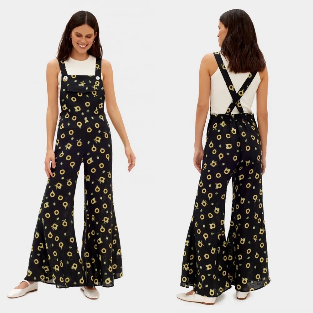 SLEEPER • Baccara Linen Jumpsuit overall black yellow sunflower print flare leg - Image 6