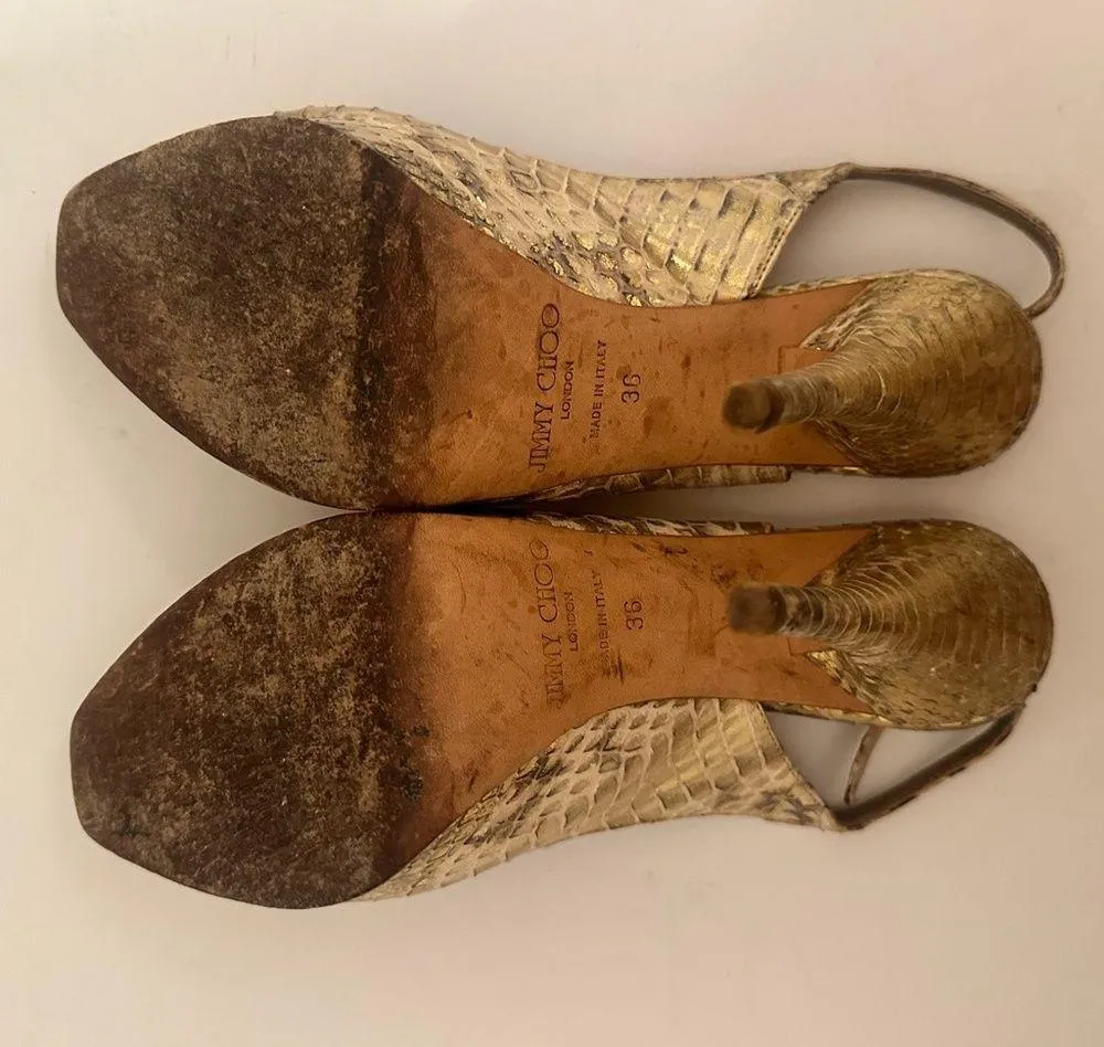 Jimmy Choo Nova Gold Snakeskin Leather Peep Toe Platform Slingback Pumps Size 36 - Image 8