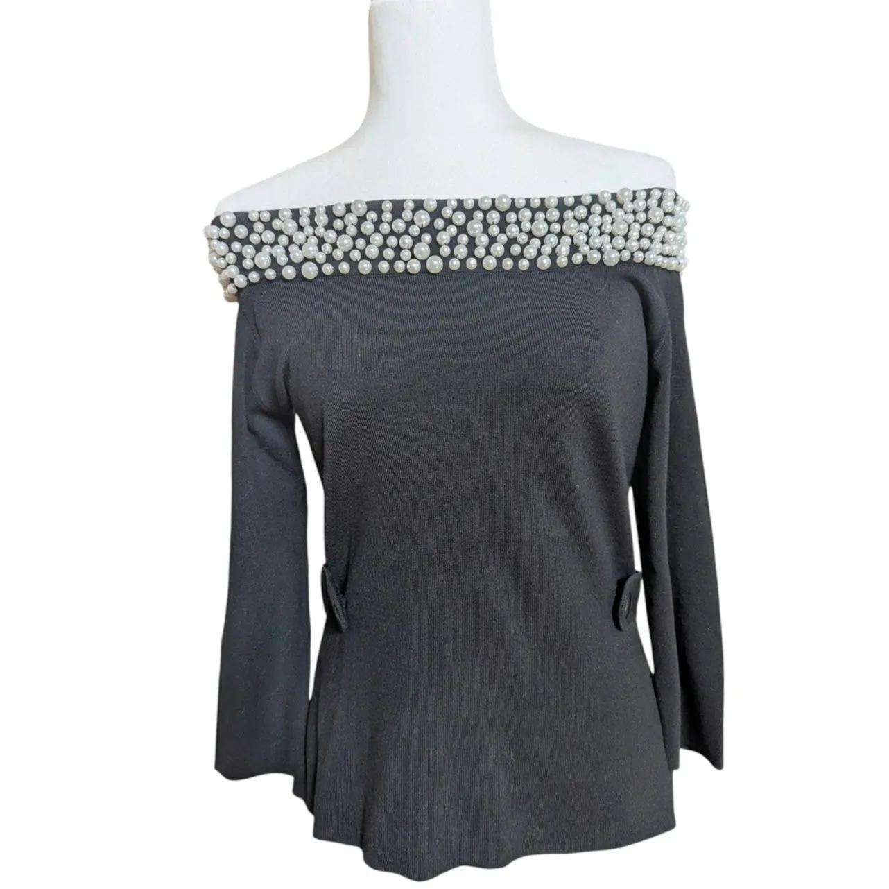 Michael Simon Off-The-Shoulder Sweater Pearl-Embellished Neckline 3/4 Sleeves - Image 3