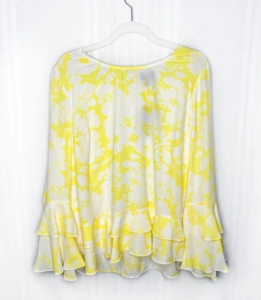 Worthington Long Sleeve Ruffle Keyhole Back Watercolor Blouse Yellow White XXL - Image 12