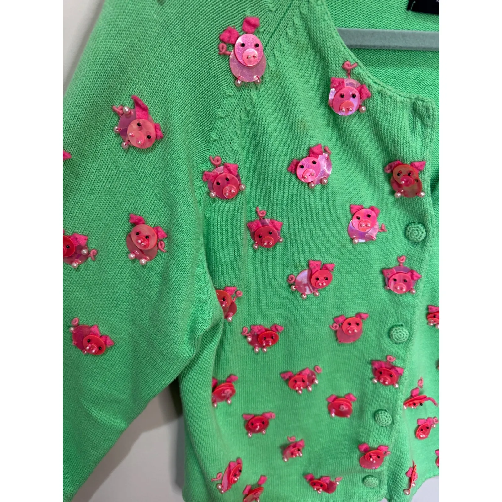 Michael Simon Pig Applique Green Cardigan Sz L Size L - Image 3