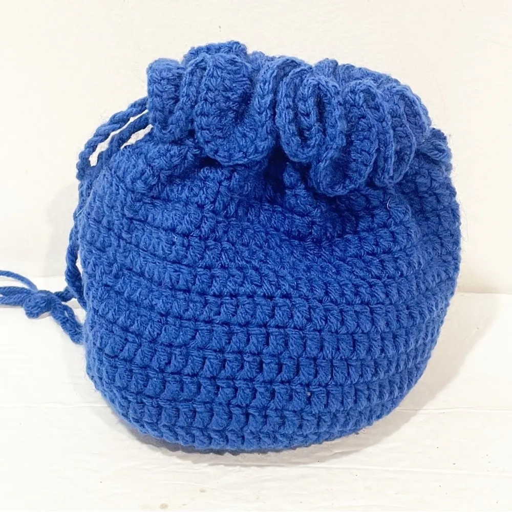 Crotchet Blue Evil Eye Yarn Knit Bucket Bag Cinched NEW - Image 3