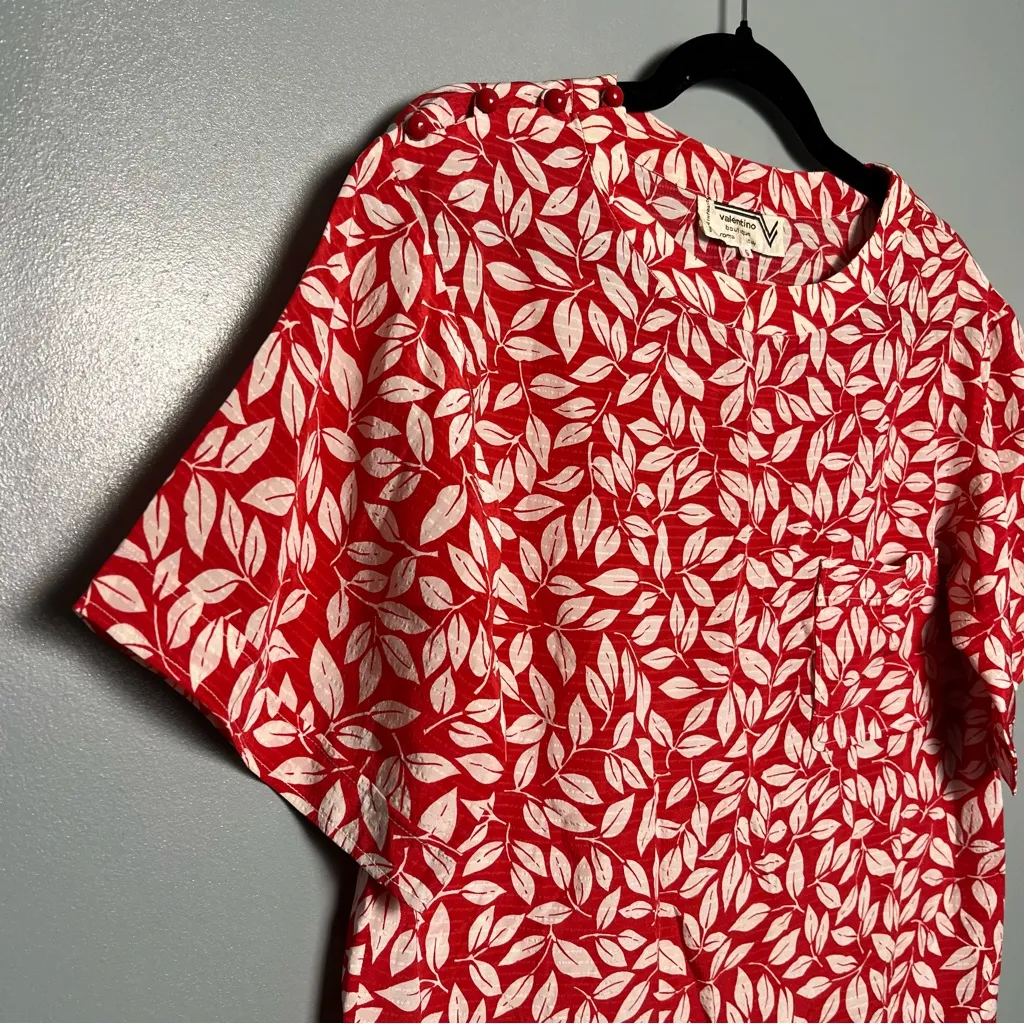 Valentino Vintage 1970s Red White Leaf Print Silk Retro Blouse Women’s Size 6 - Image 4