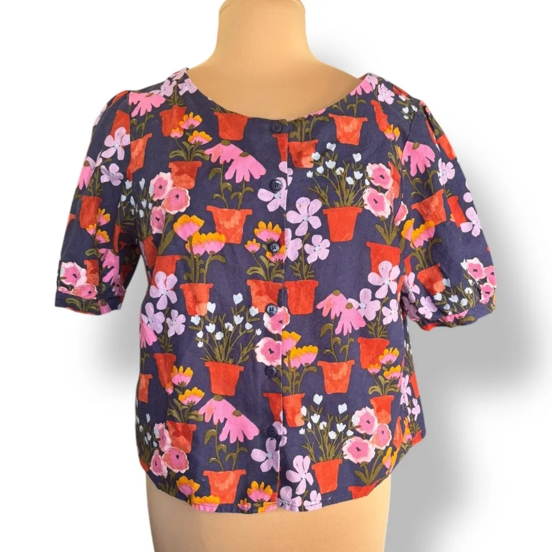Princess Highway Floral Pot Print Linen Cotton Top Linen Blend Puff Sleeves Blue Size undefined - Image 3