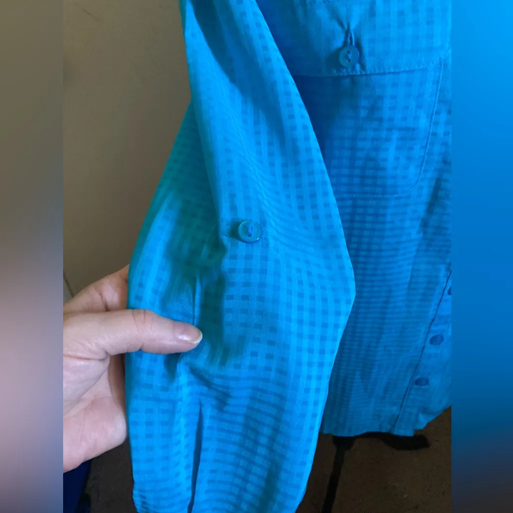 🌞Kim Rogers Turquoise Checkered Pattern Long to 3/4 Sleeve Button Down Blouse - Image 4