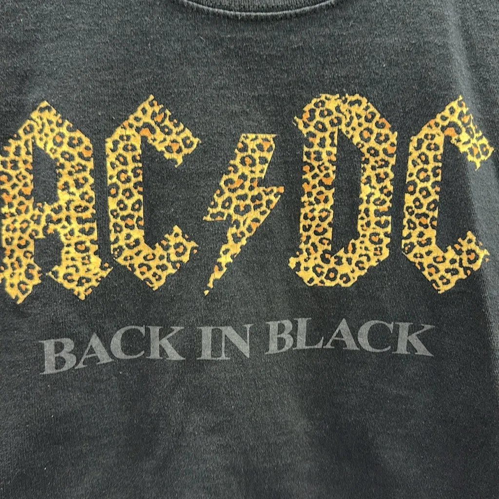 AC/DC Black Cotton Leopard Print Logo Back in Black Raw Hem Crop Graphic Tee M - Image 4