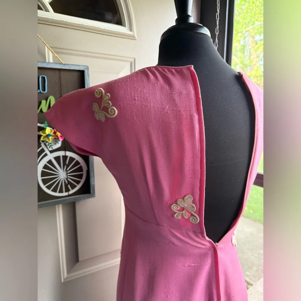 Vintage handmade 50/60s pink beaded cap sleeve formal maxi dress, size small - Image 9