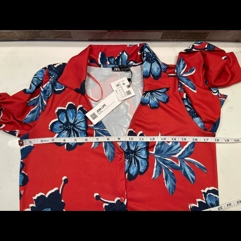 𝅺ZARA Womens Printed Midi Shirt Dress Red Blue Floral Long Sleeve Sz S - Image 8