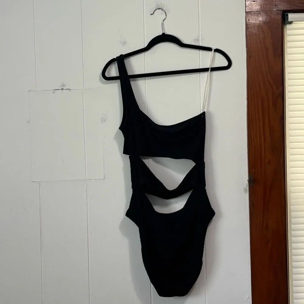 Aerie Crinkle Cut Out One Shoulder One Piece Swimsuit‎ Black XL - Image 5