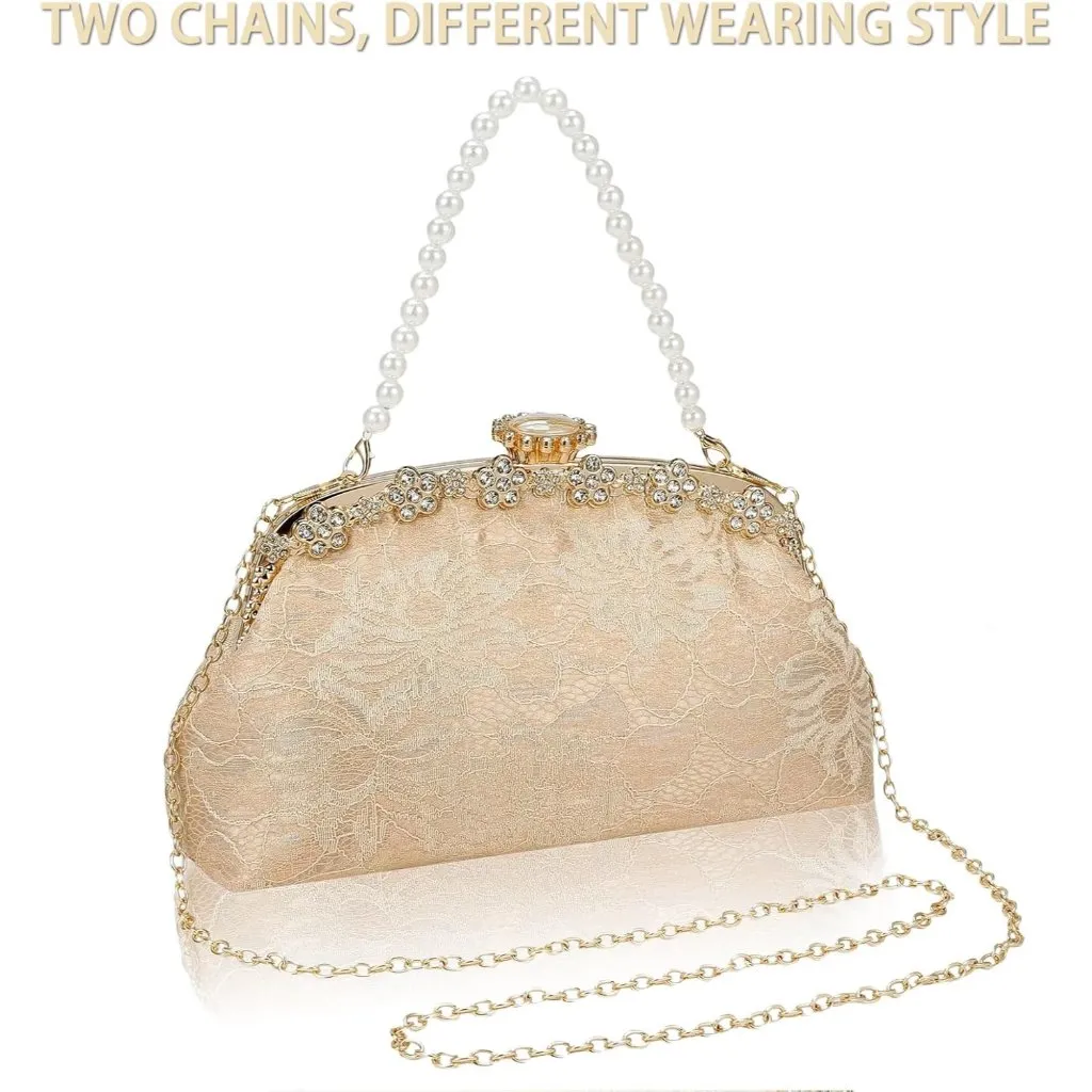 ⚡ Women's Gold Fabric Lace Pearl Chain Rhinestones Shoulder Clutch Bag - Image 5