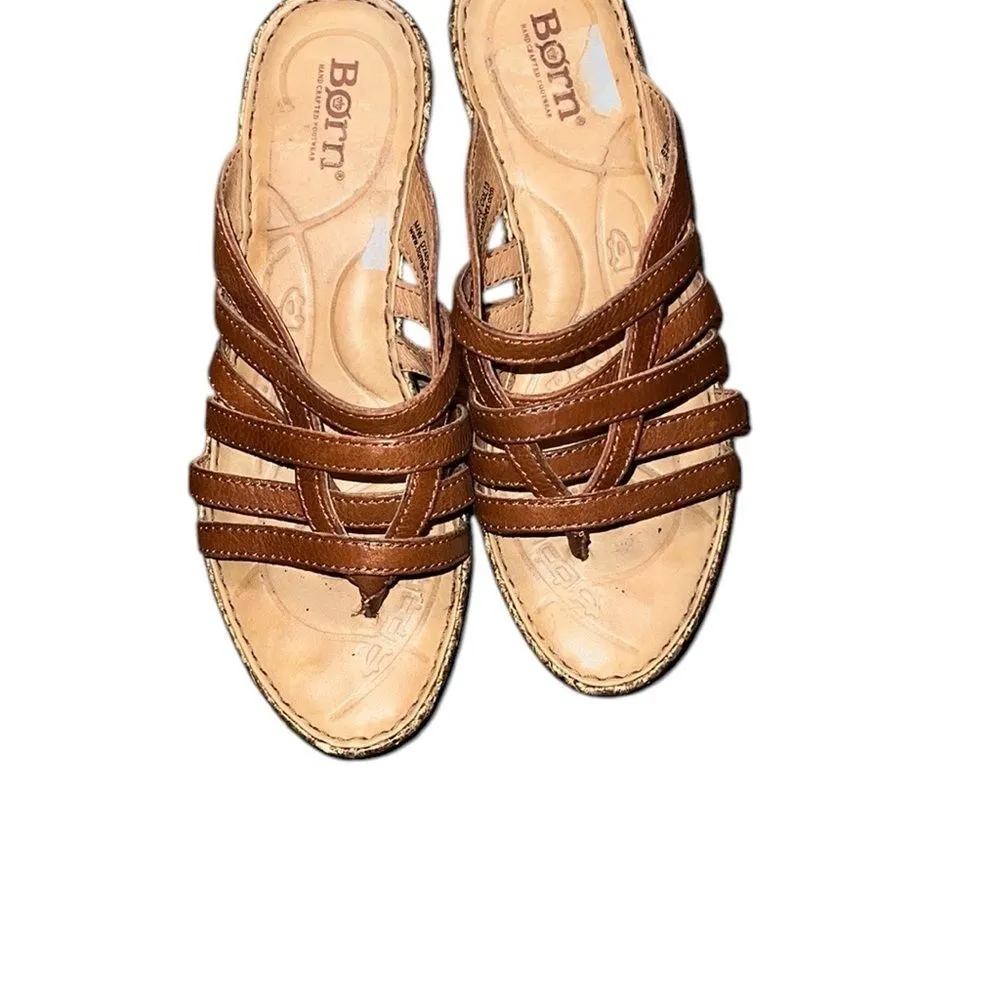 Born Brown Leather Wedge Sandals Comfortable Slip - Image 2
