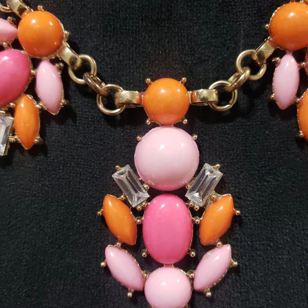New York Womens Pink Orange Gemstones Floral Statment Collar Necklace w/ Lobster - Image 4