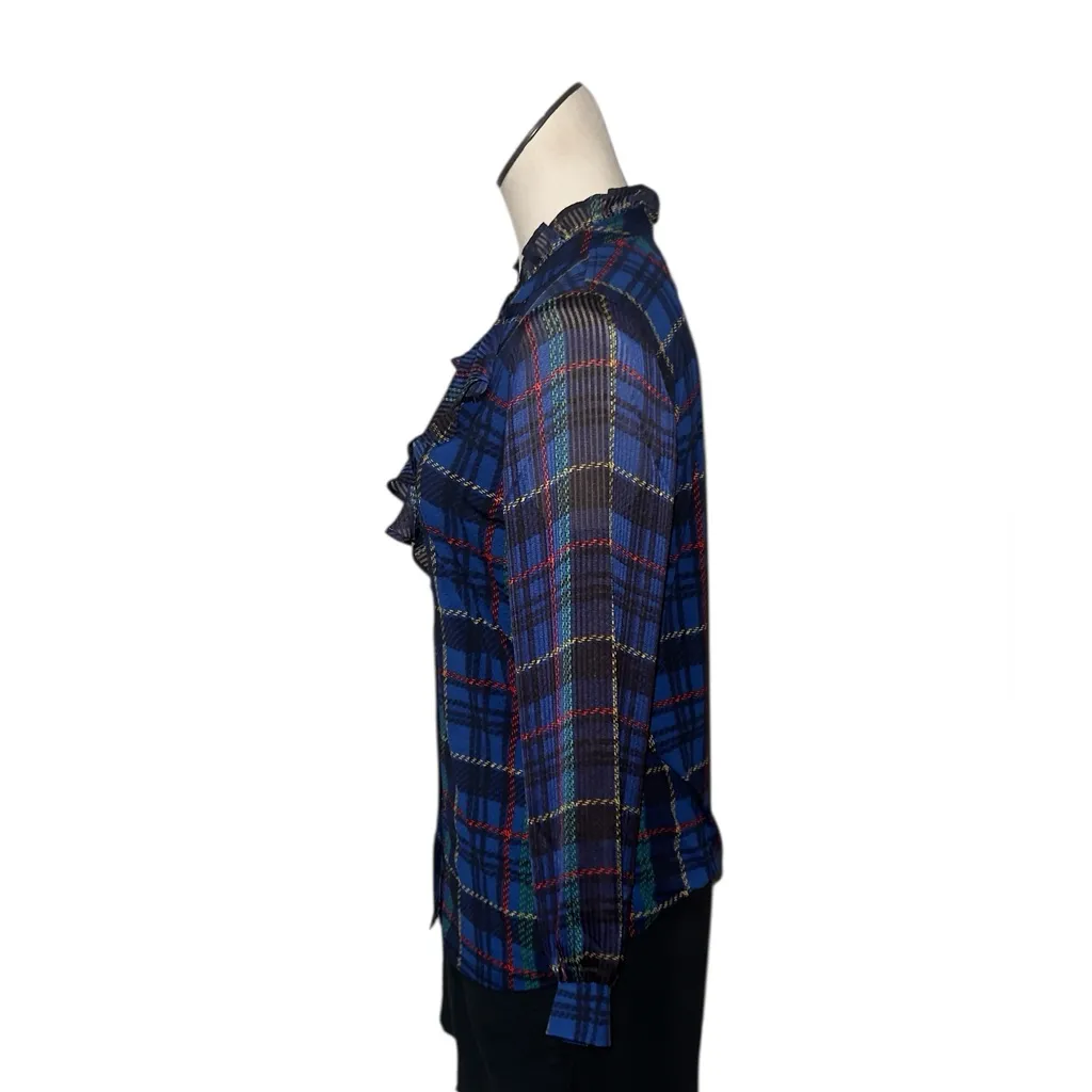 NWT Blue Red Tartan Plaid Ruffle Jabot Blouse  Bow Neck Ruffle Top Blouse - Image 6