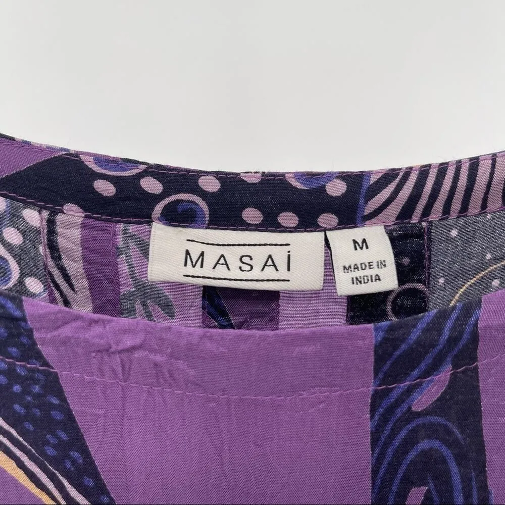 MASAI Purple Print Tunic Size Medium Made India Satin Wrinkled Style Medium - Image 3
