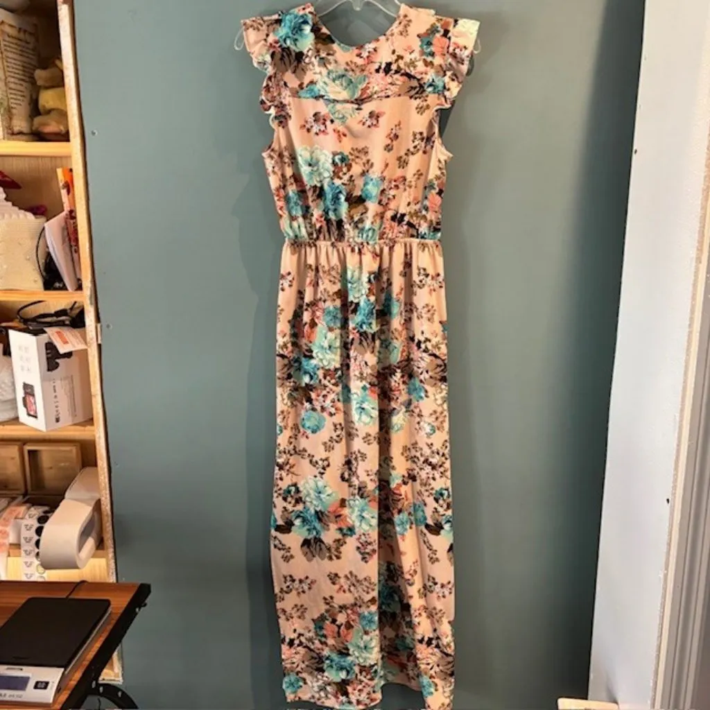 Monteau Dress Jr Floral V Neck Flutter L Dusty Pink Blue Maxi Fit Flare Feminine Size undefined - Image 3
