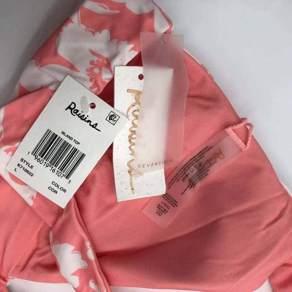 Reversible Raisins Pink White Floral Bikini Swim Top Size L - Image 3