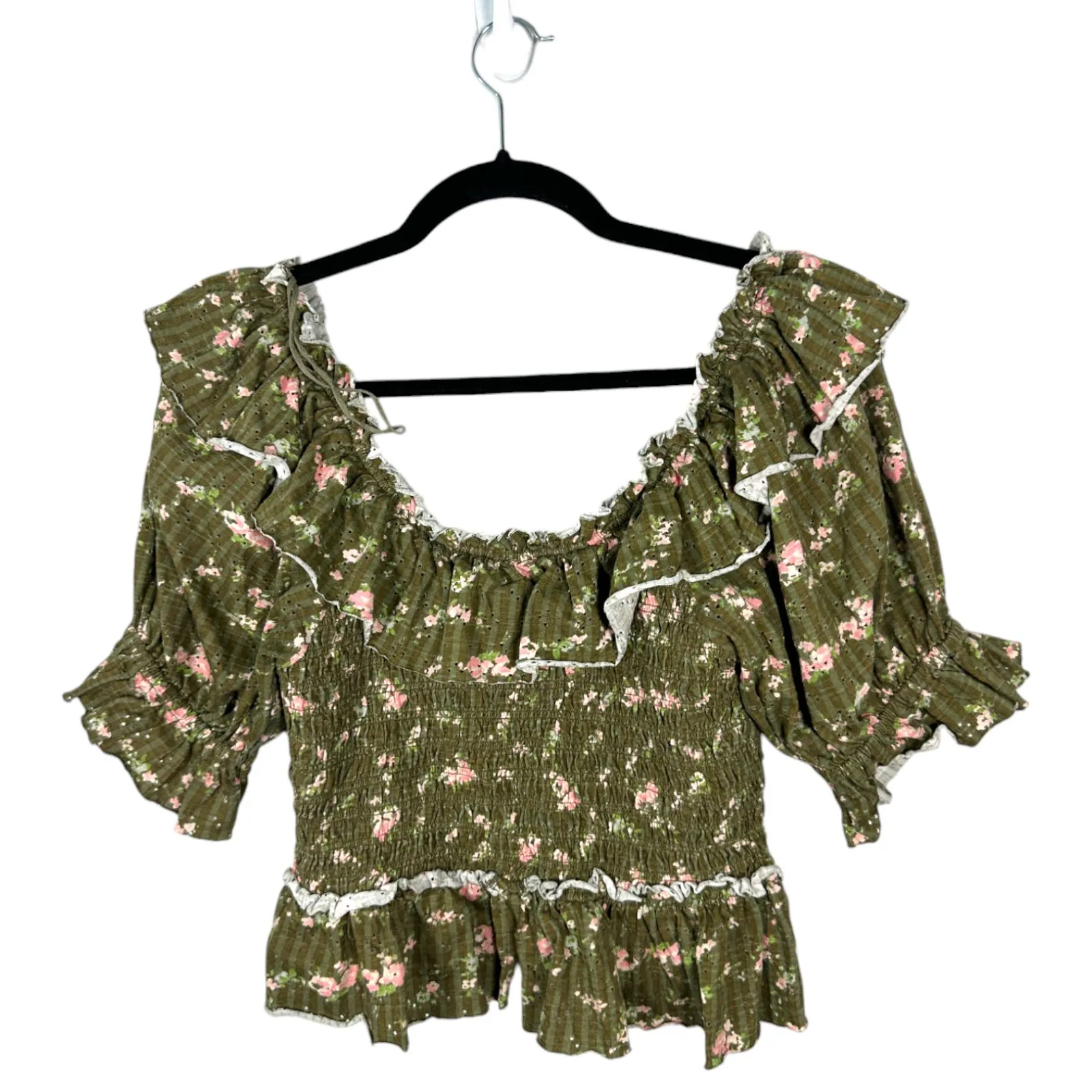 Free People Favorite Girl Top Green Floral Cropped Cottage Boho Ruffle Small - Image 3