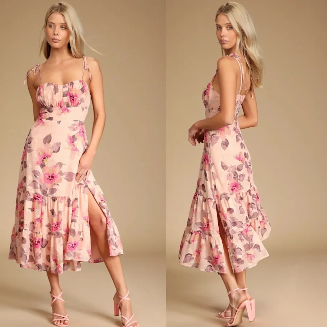 NWT Lulus Tea Party Chic Pink Floral Print Tie-Strap Tiered Midi Dress Size S - Image 2