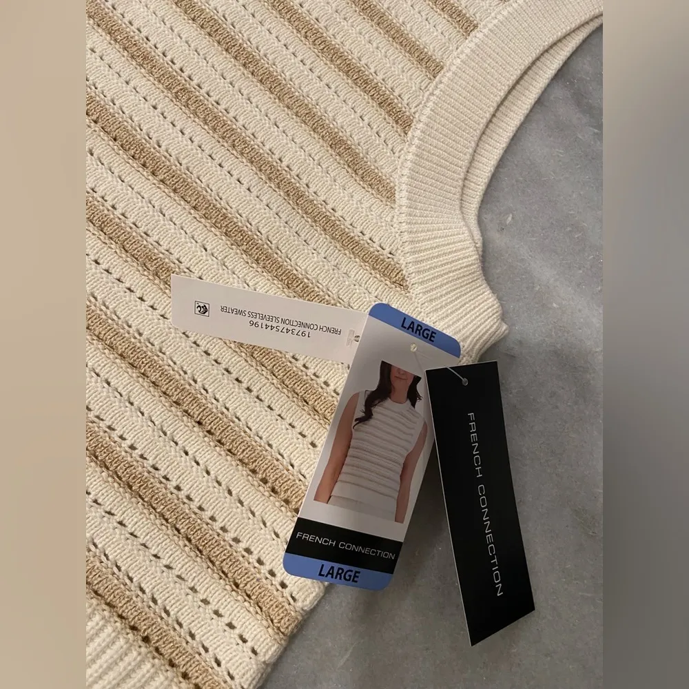 NWT French Connection Size L Ivory Gold Stripe Cotton Blend Sleeveless Knit Top - Image 9