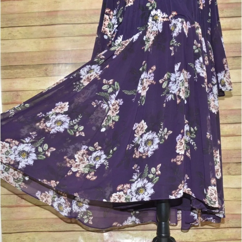 Torrid Purple Floral V-Neck Wrap Look Midi Dress Plus Size 4X Long Bell Sleeves - Image 5