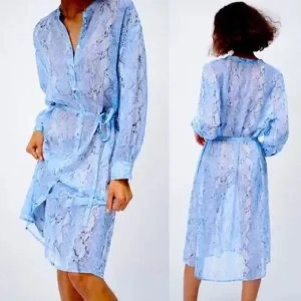 Zara Women’s Blue Semi -Sheer Snake  Print Shirt Dress NWT - Image 16