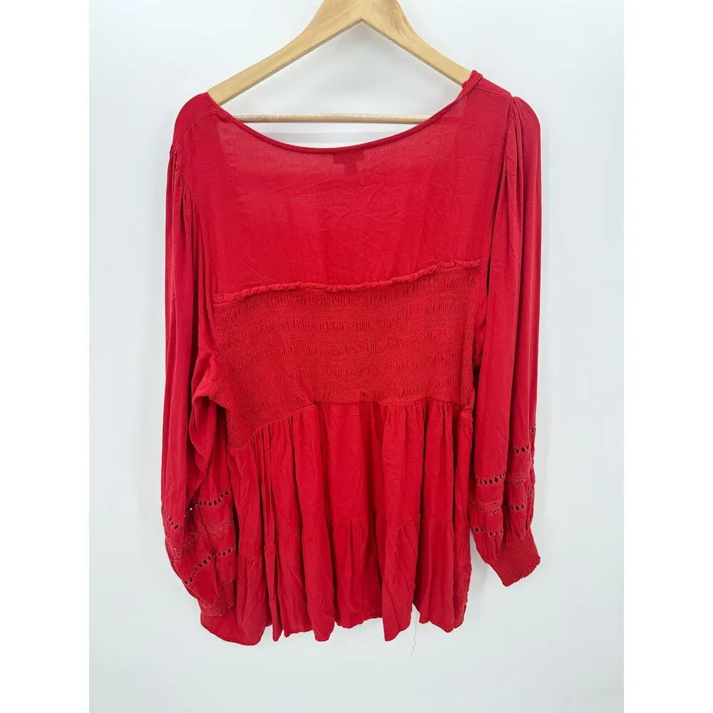Torrid Red Babydoll Rayon Slub With Lace Inset Smocked Tiered Top Women 4X - Image 2