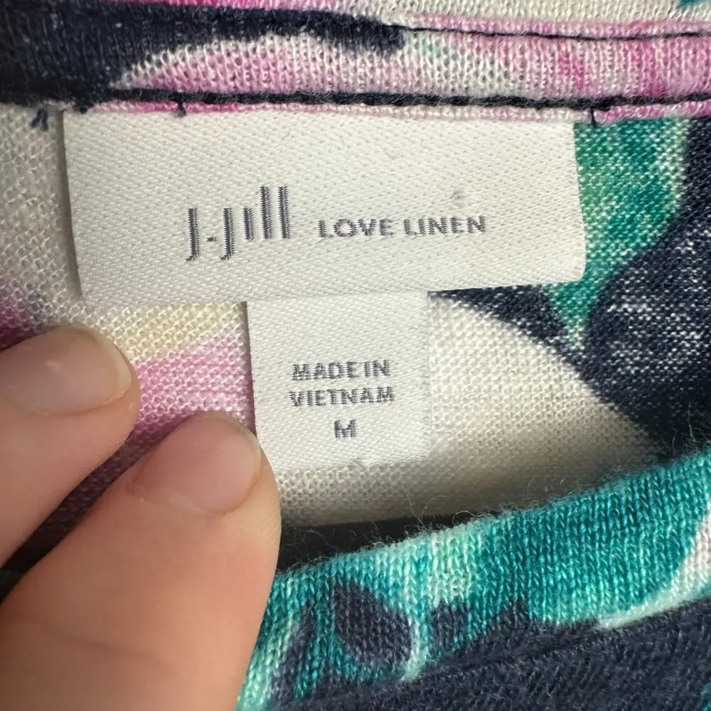 J. Jill Love Linen navy floral short sleeve linen tee knit front size medium C28 - Image 6