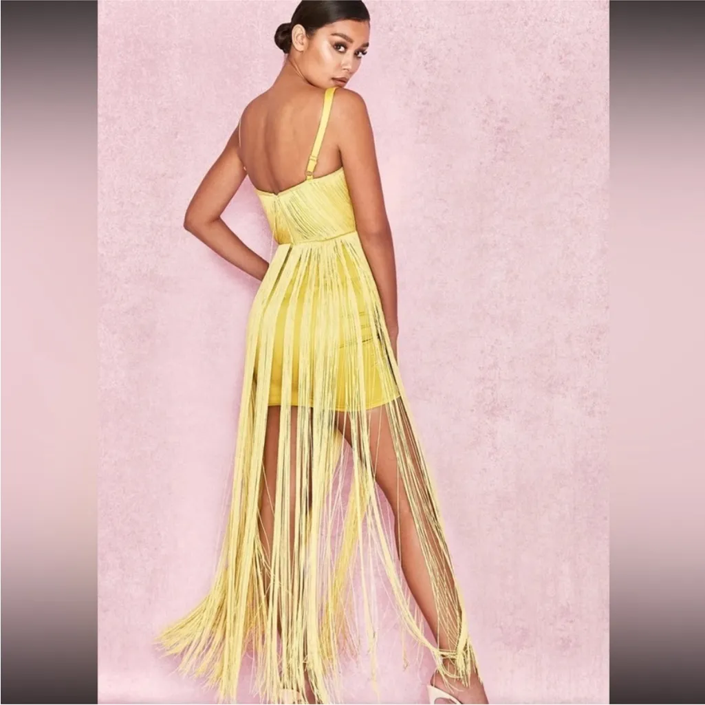 HOUSE OF CB 'Emee' Acid Yellow Satin
Fringe Dress - Image 8