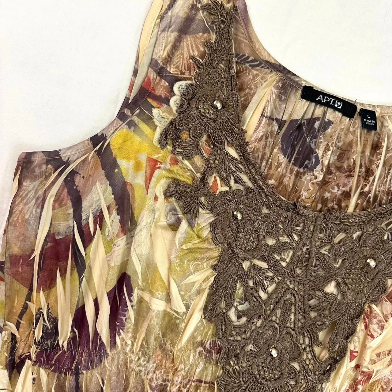 2000s Apt‎ 9 Boho Tan Earthy Abstract Print Mini Dress Crochet Sz L Boho Fairy - Image 2