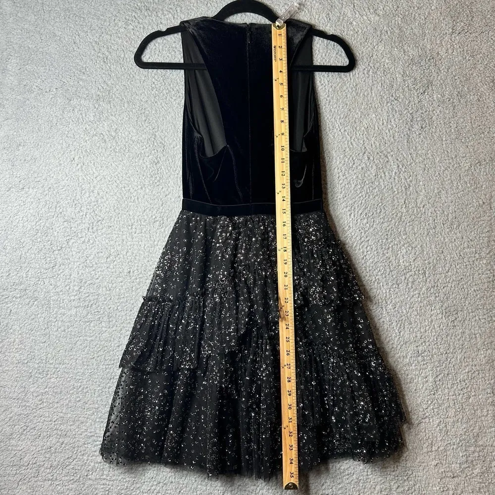 BCBGMAXAZRIA Dress Womens‎ XS Black Plunging Velvet Metallic Tulle Holiday Party - Image 9