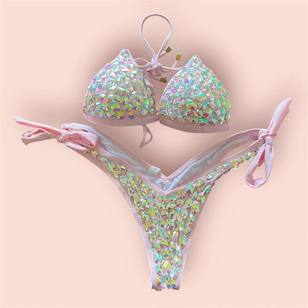 Fox Bikini IRIDESCENT CRYSTAL BRAZILIAN CHEEKY TRIANGLE BIKINI SET PINK L Size L - Image 3
