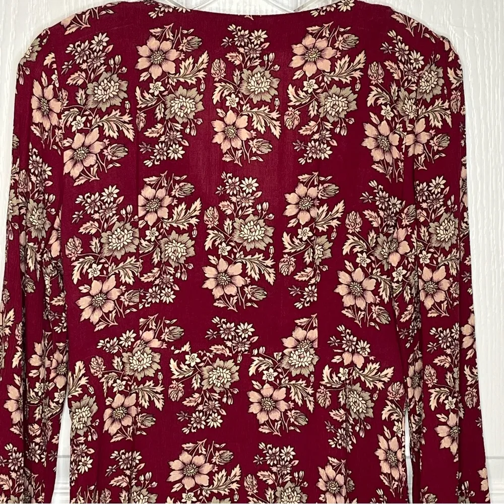 American Eagle Sz S Red & Tan Floral Dress Tie & Cutout Front Long Sleeves - Image 9