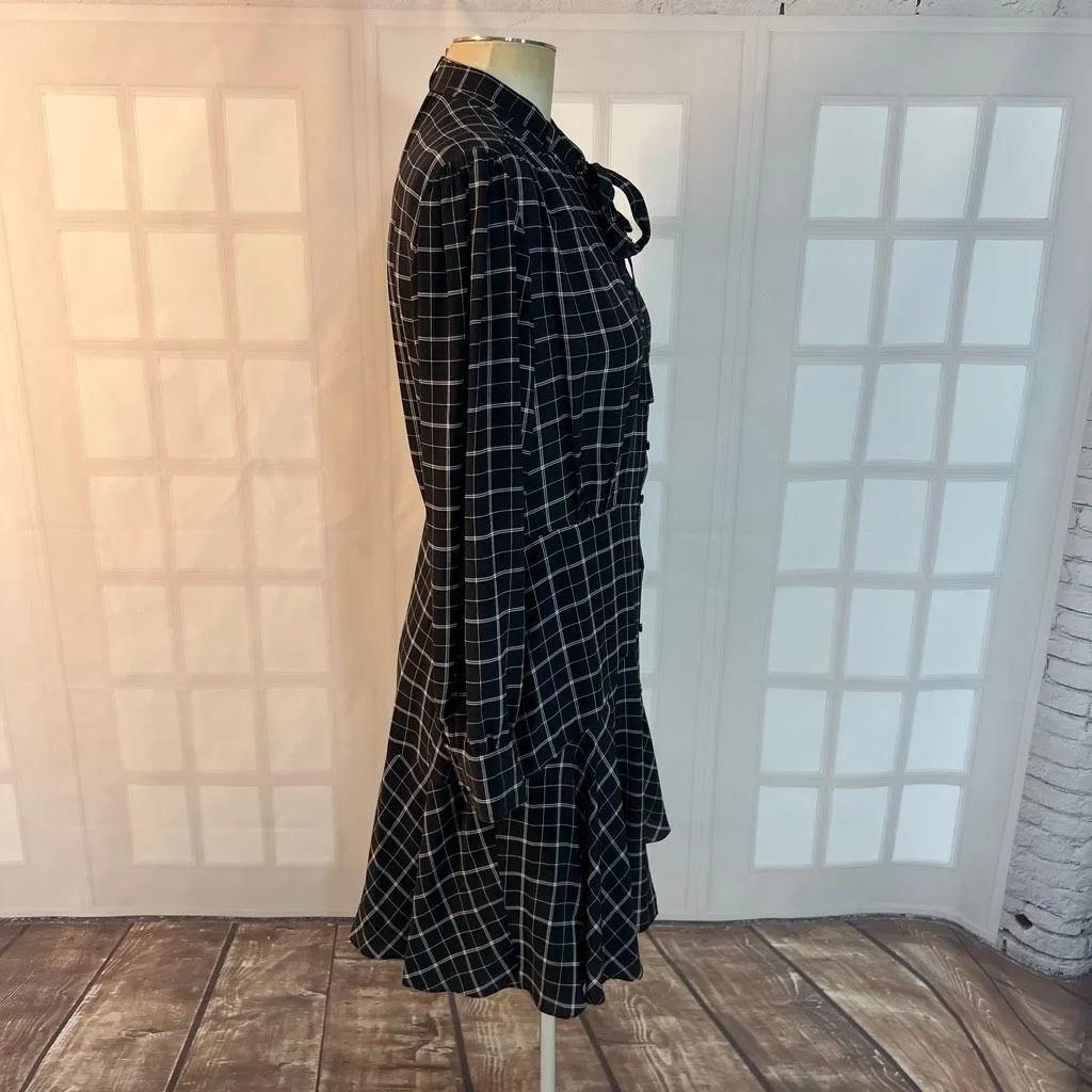 Rebecca Taylor Black Plaid Bow Tie Neck Long Sleeve Mini Silk Dress Size 8 - Image 5