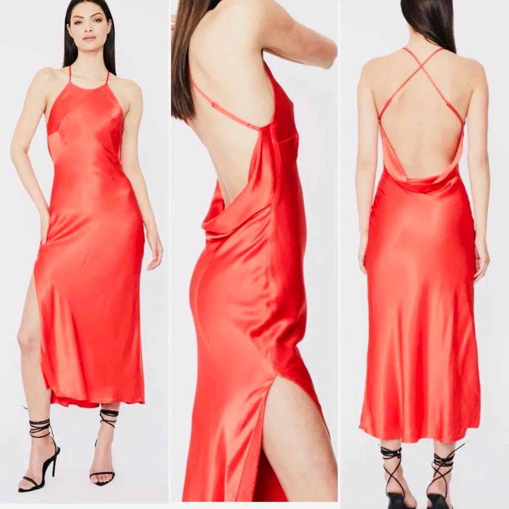 Bardot Mila High Jewel Neck Cowl Back Satin Slip Dress in Fire Red‎ Size 2 - Image 6