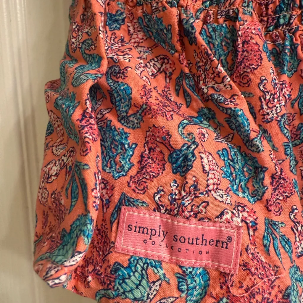 Simply Southern Pink Coral Blue Seahorse Shirred Smocked Blouse Top - size XL - Image 6