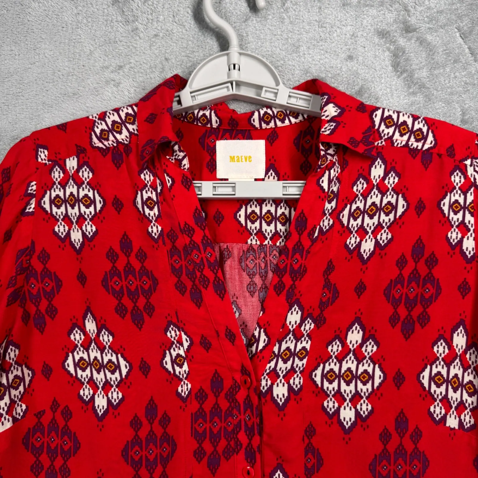 Anthropologie Maeve Blouse 10 Red Purple Tribal Ikat Tunic‎ Boho Peasant Top - Image 4