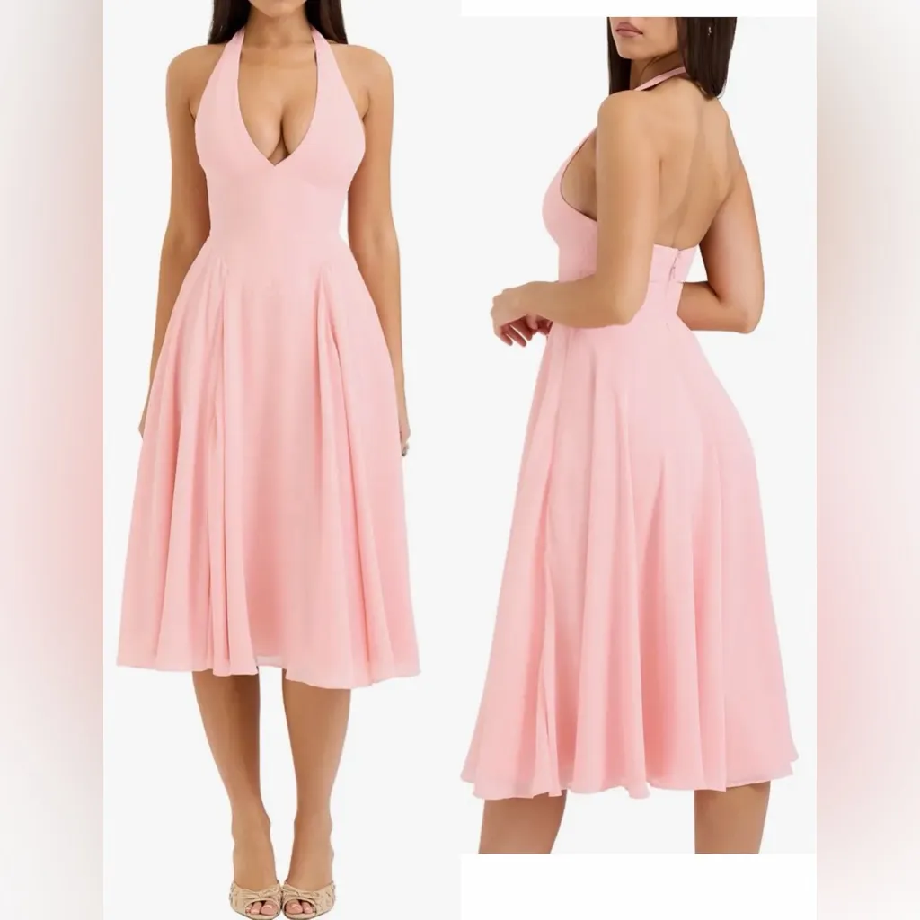 NEW House of CB Solada Floral Halter Midi Peach Pearl Sun Dress sz S - Image 2