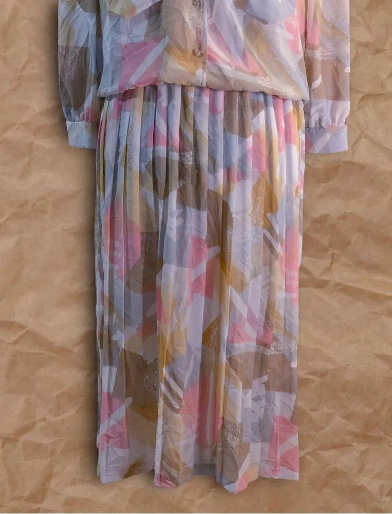 Vintage Leslie Fay White Pink Multicolor Abstract Print Collared Midi Dress - Image 5