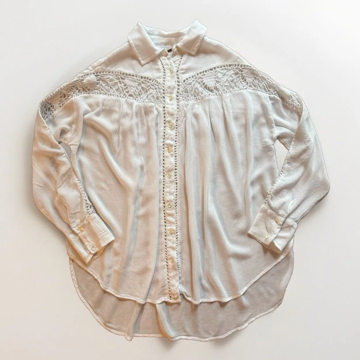 Free People White Gauze Button Down Shirt Katie Bird Crochet Size XS Oversized - Image 2
