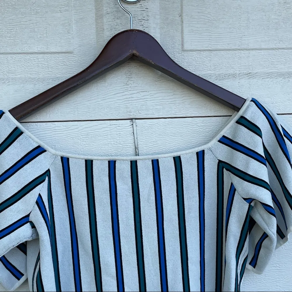 Ann Taylor Womens Shirt Stripe Off The Shoulder Blue Green Flutter Sleeve Large - Image 5