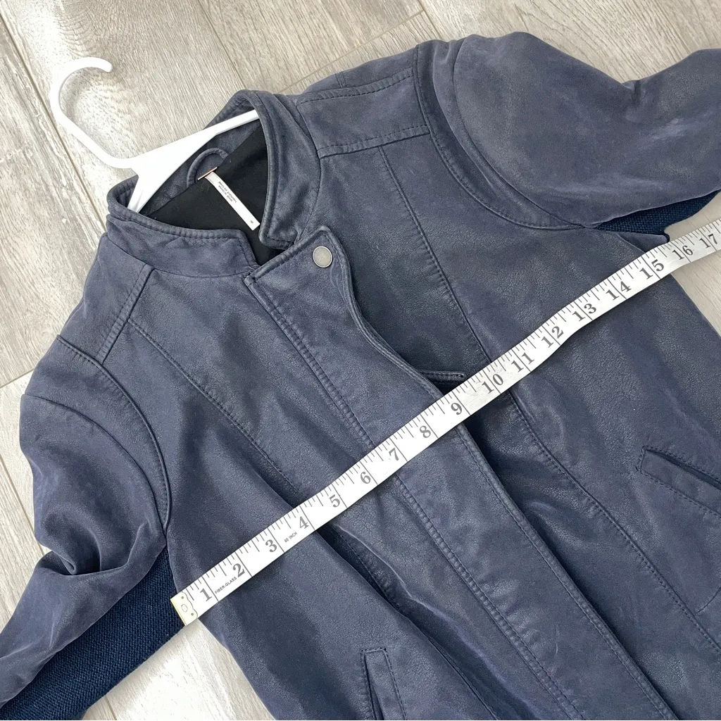 Free People Jacket vegan suede bomber moto cool & clean womens Navy Blue size 6 - Image 5
