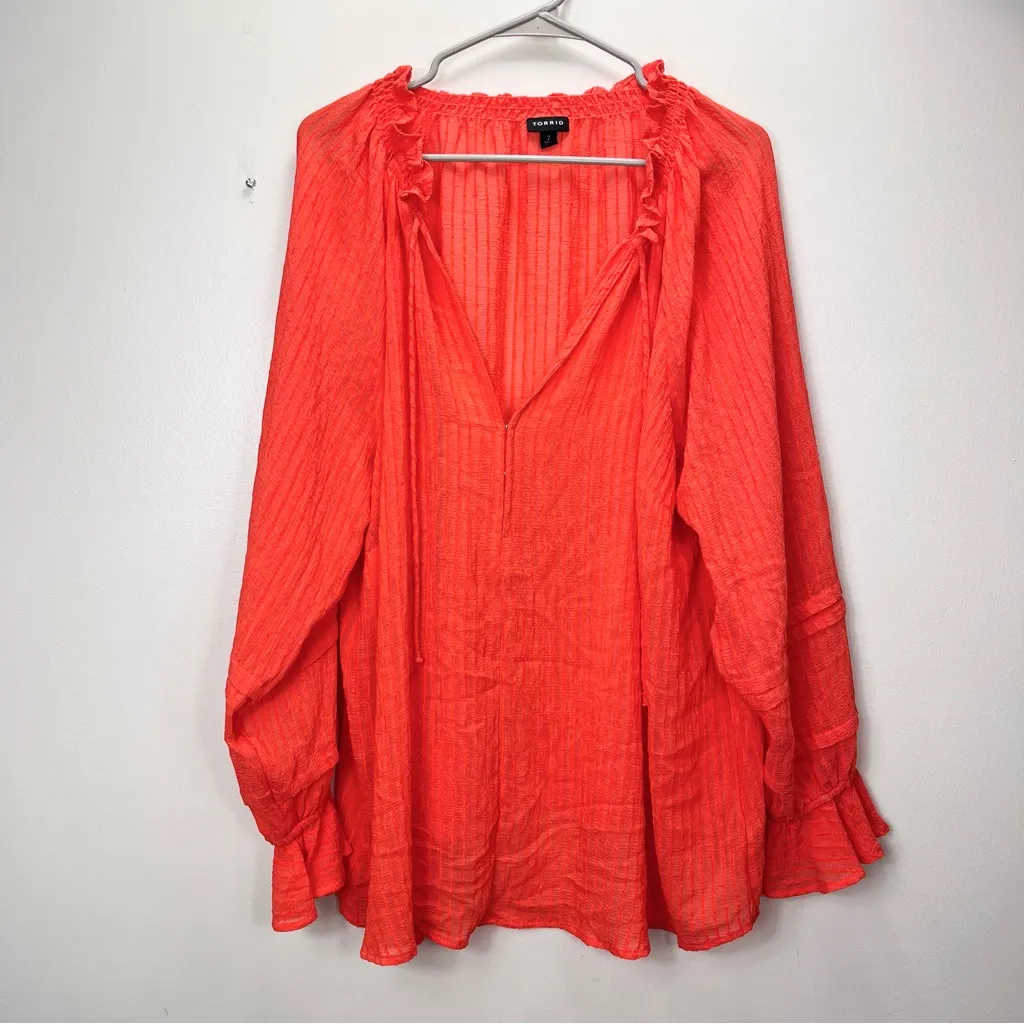 Torrid Orange Stripe Ruffle Crinkle Gauze Peasant‎ Top Size 2X - Image 6