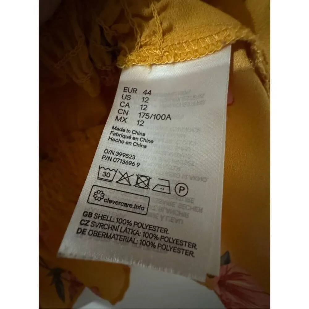 H&M Womens Yellow Floral Puff Sleeve Knot Cinched Detailed Top sz 12 Boho Dainty - Image 5