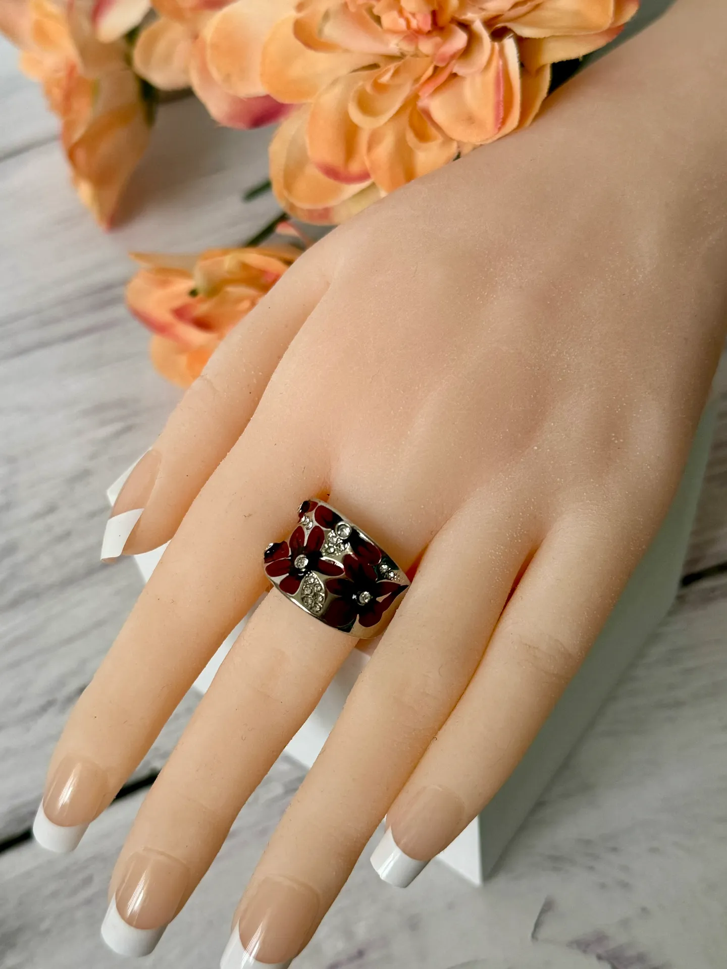 Burgundy Floral Ring, Size 9 Red - Image 2