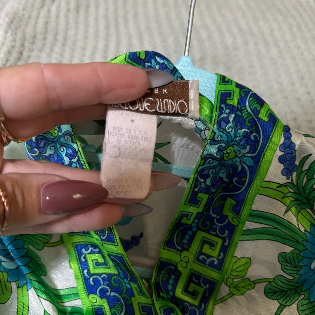 VTG Brownstone Studio NY‎ Kaftan Blue Green White Floral Mrs Roper LG Retro 70s - Image 3